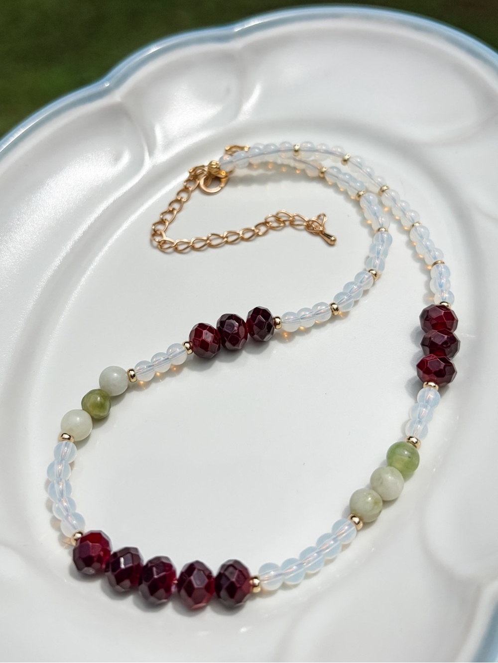 N7 Handmade Opalite and Serpentine Green Jade Beaded Necklace - Picture 3 of 10